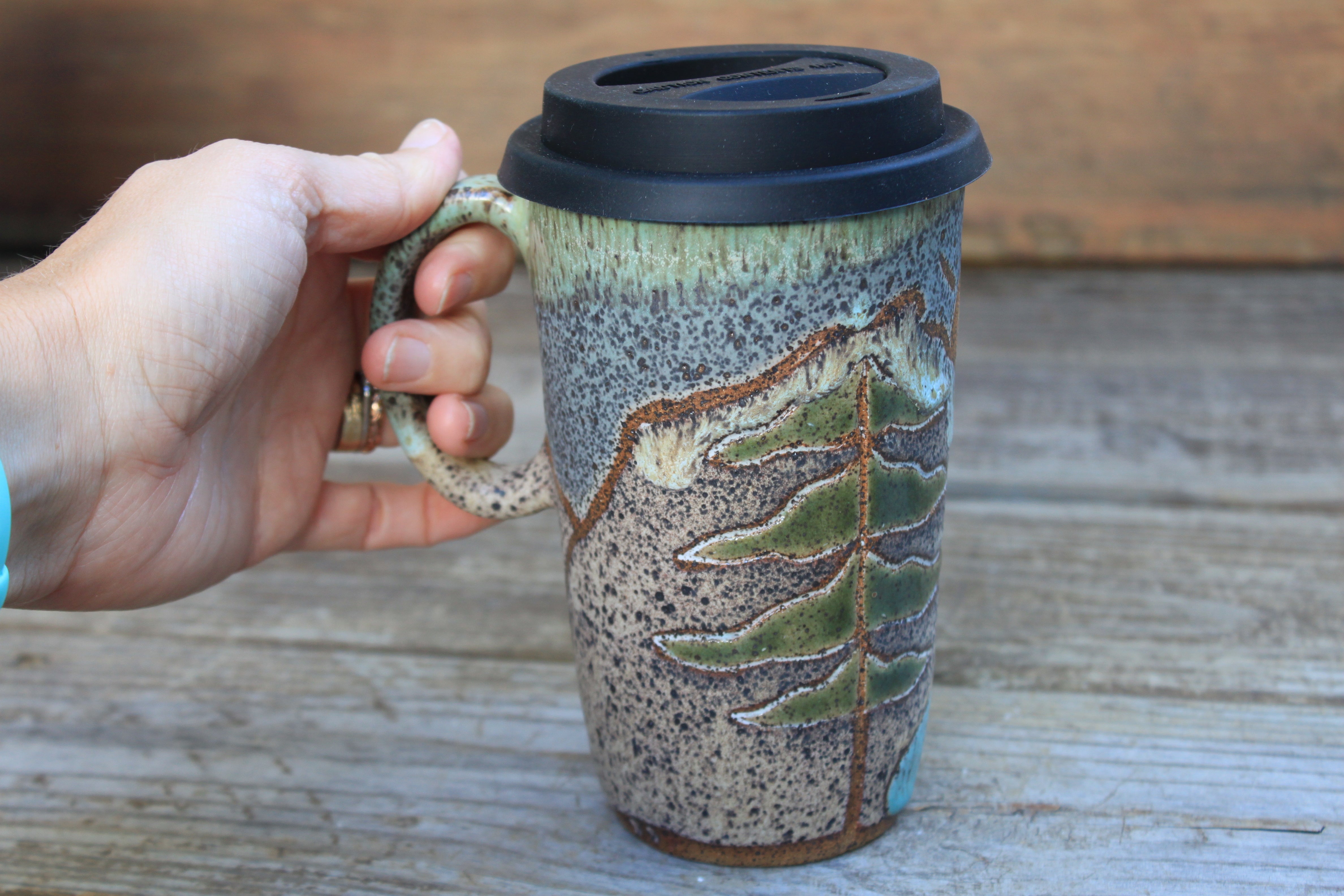 Redwood River Sunset Carved Handled Travel Mug, 18 oz