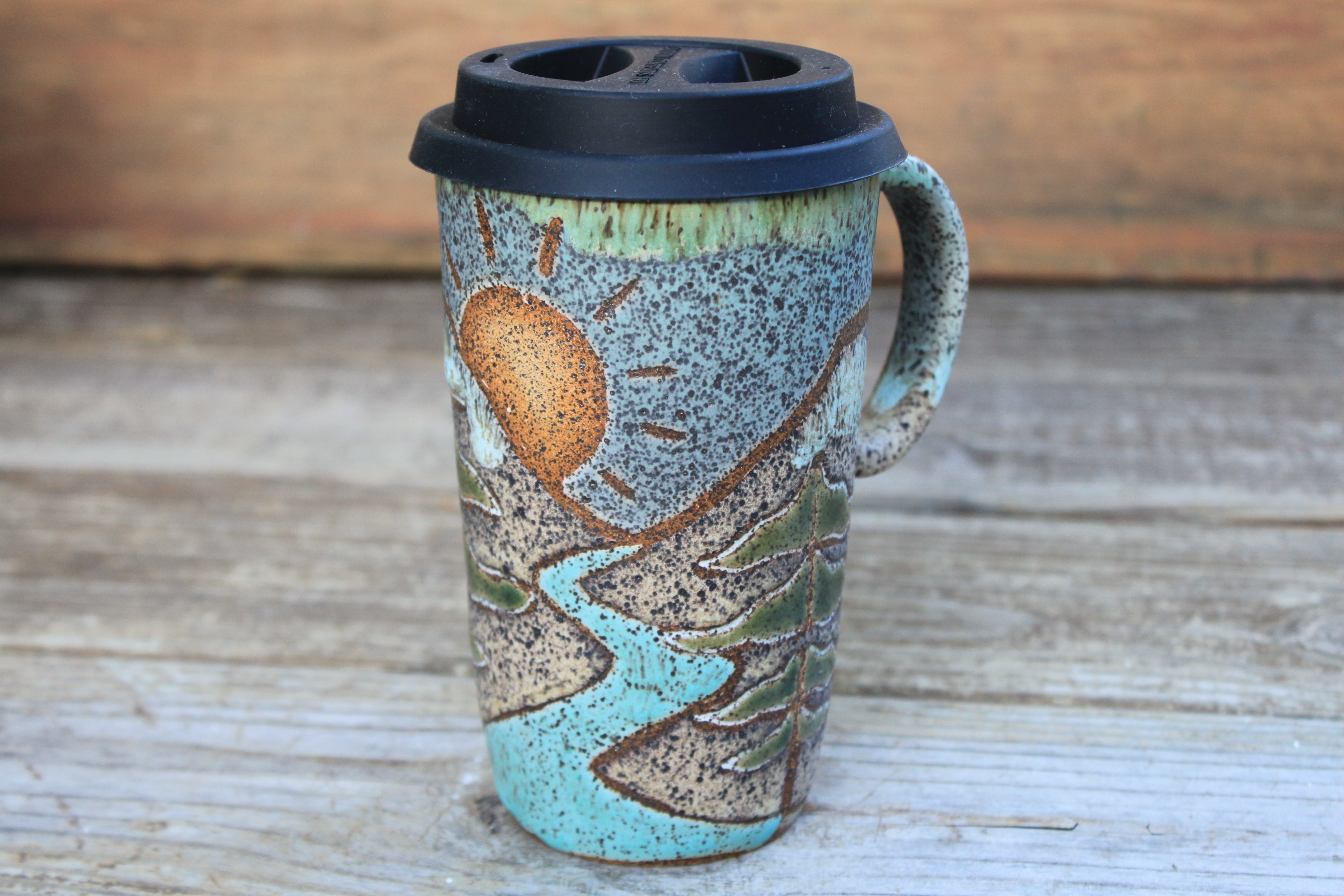 Redwood River Sunset Carved Handled Travel Mug, 18 oz