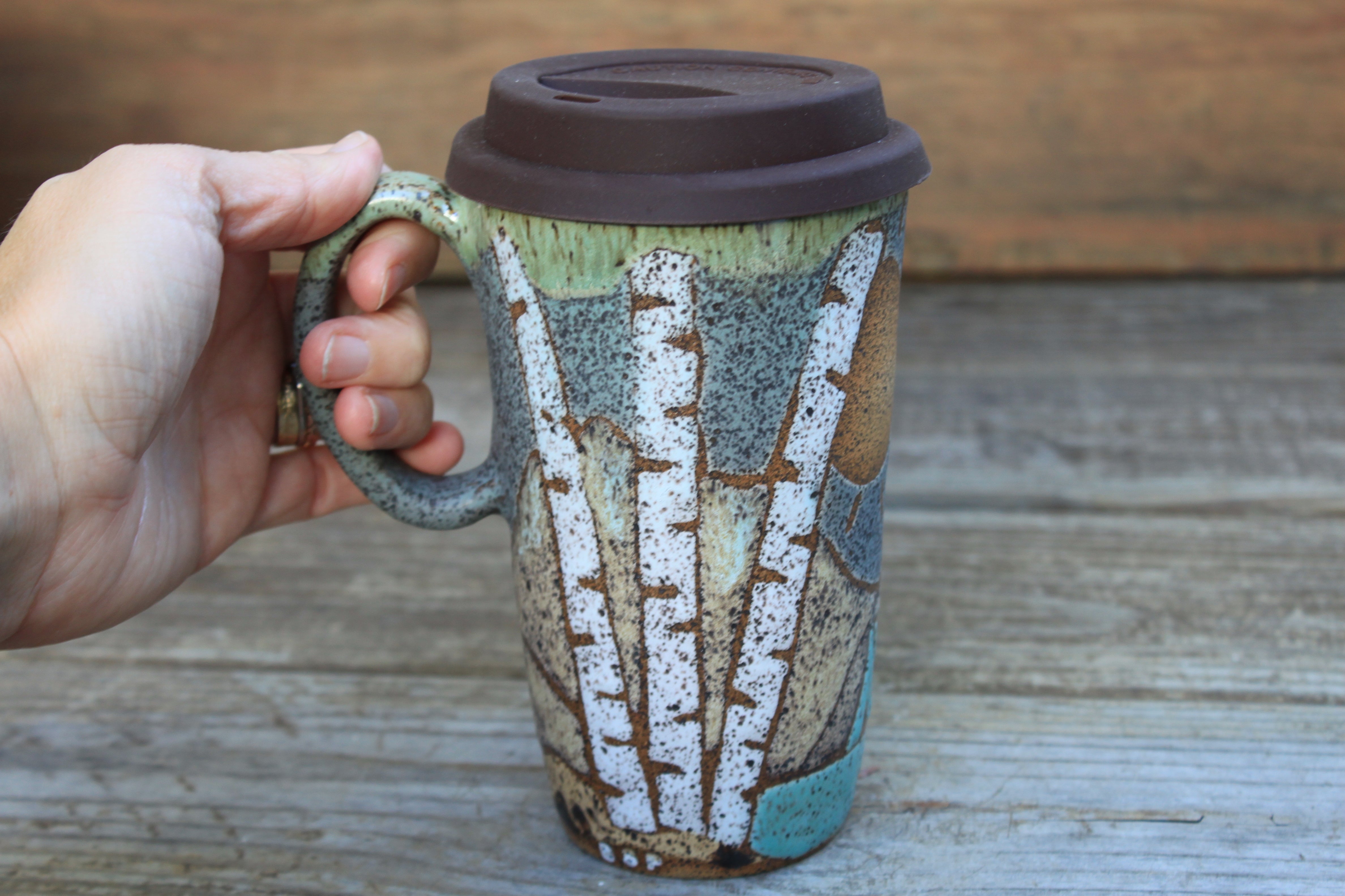 Camping in a Birch Grove Handled Travel Mug, 18 oz