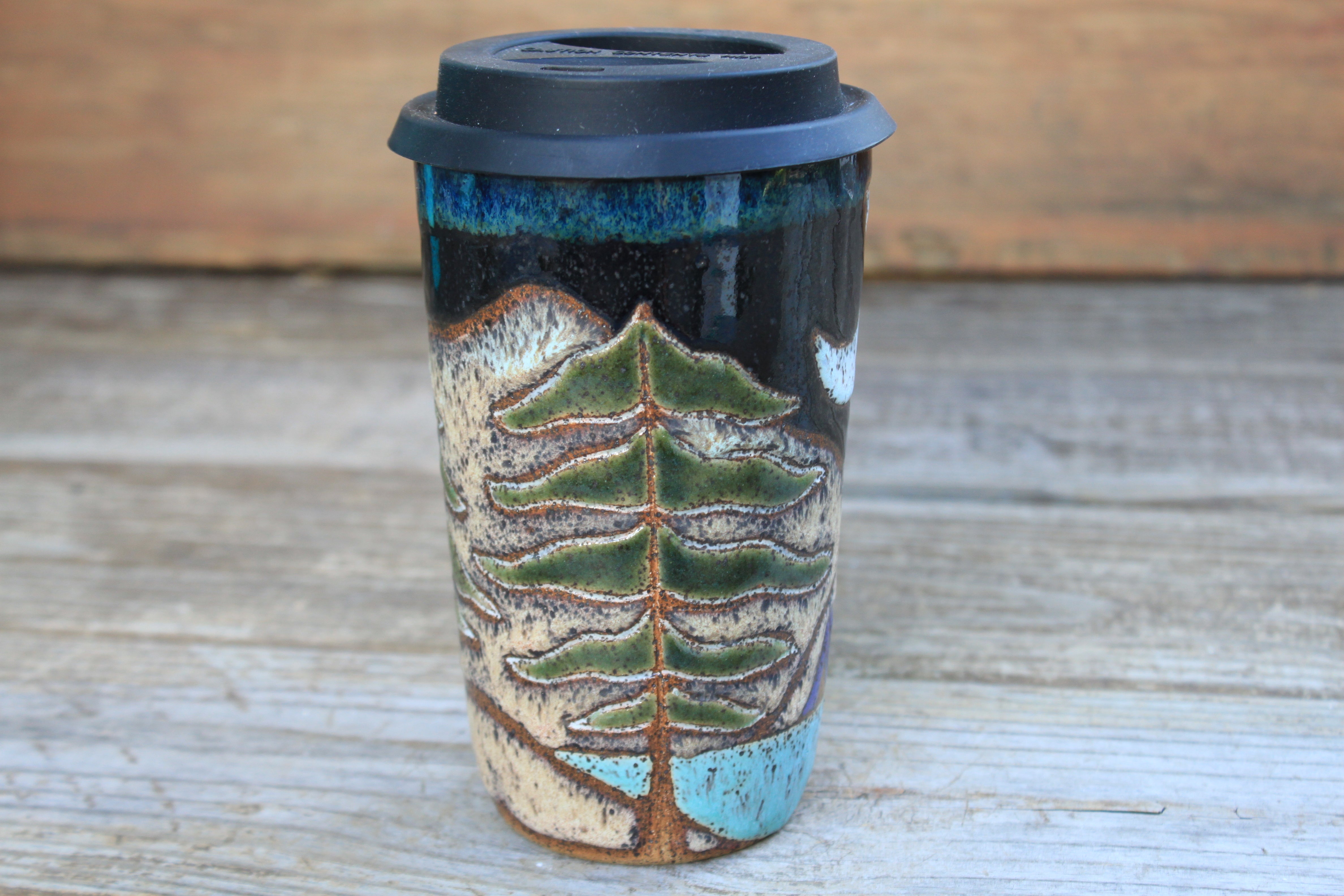 Camping in Redwood Grove Dark Nights Handled Travel Mug, 18 oz