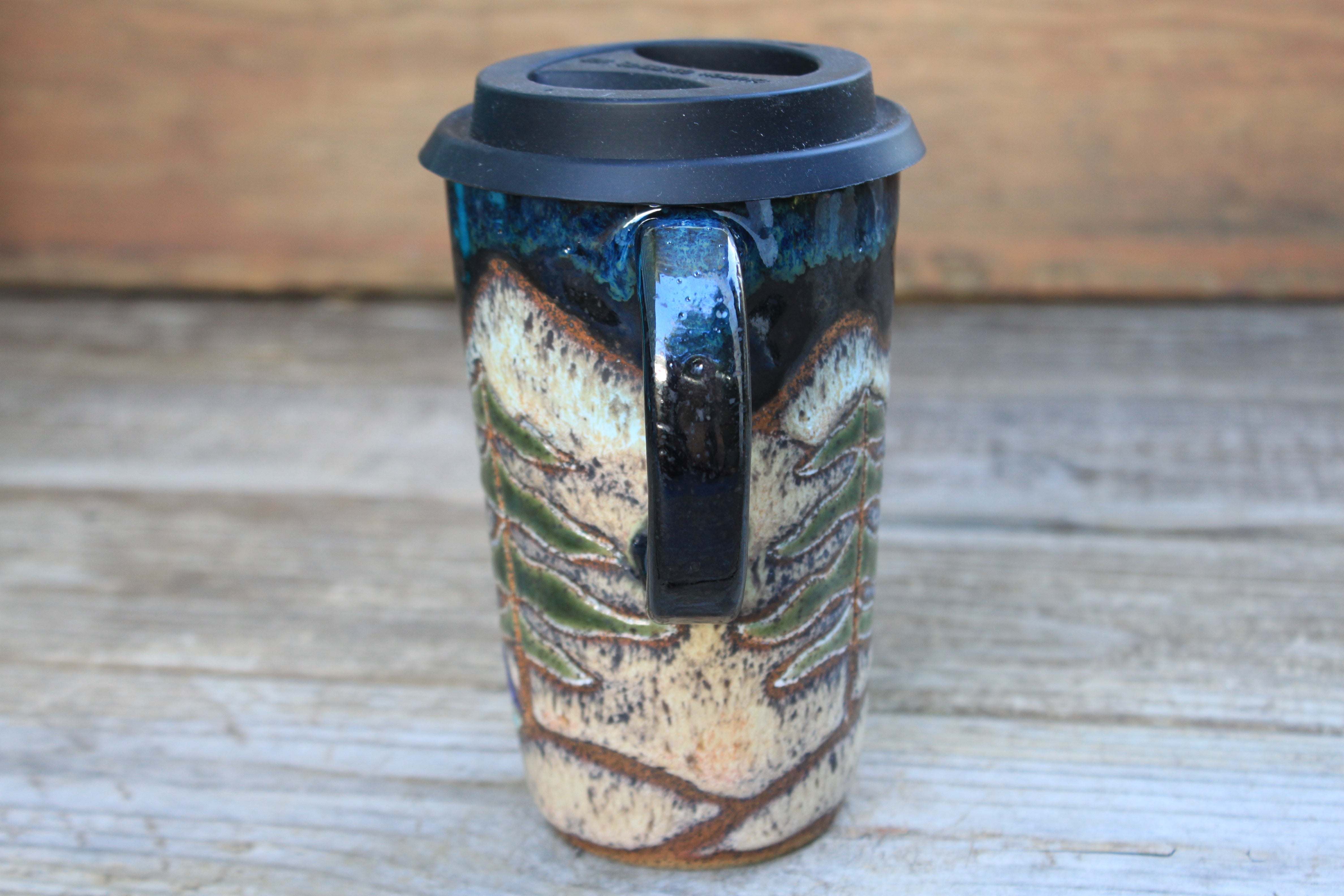 Camping in Redwood Grove Dark Nights Handled Travel Mug, 18 oz