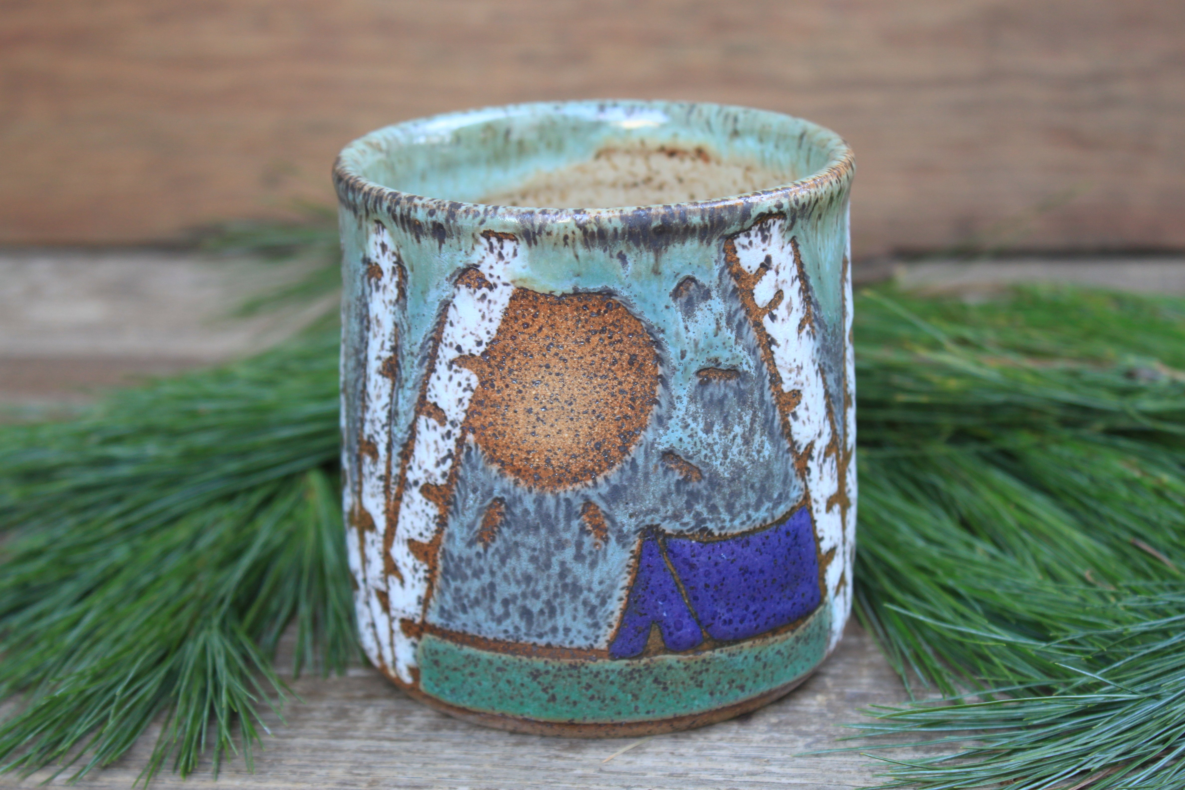 Camping in a Sunny Green Birch Tree Grove Mug, 19 oz