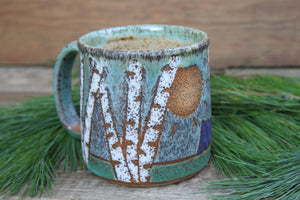 Camping in a Sunny Green Birch Tree Grove Mug, 19 oz