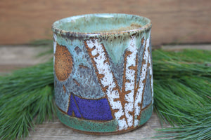 Camping in a Sunny Green Birch Tree Grove Mug, 19 oz