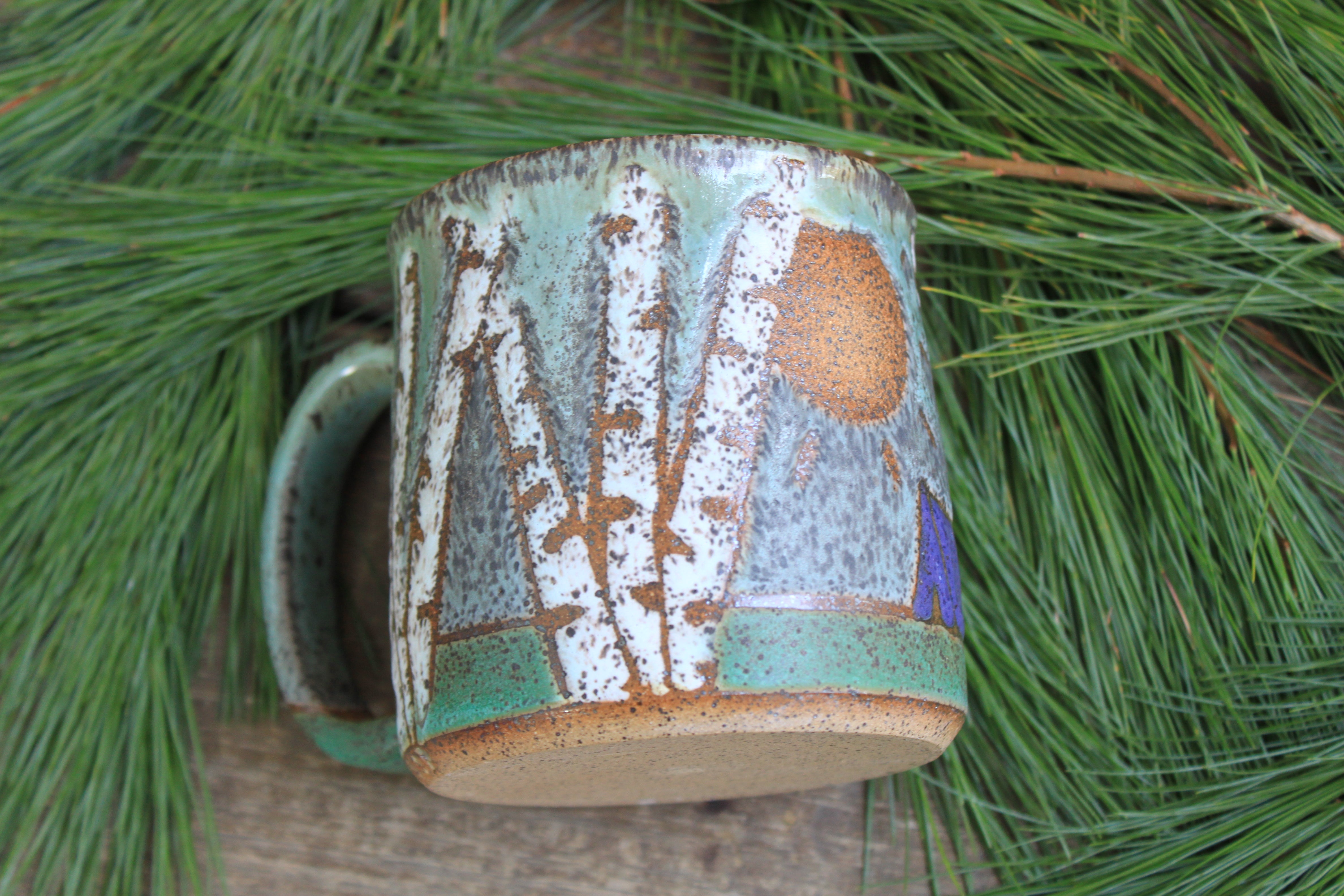 Camping in a Sunny Green Birch Tree Grove Mug, 19 oz