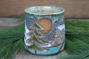 Snowy Cabin Forest Days Carved Mug, 17 oz