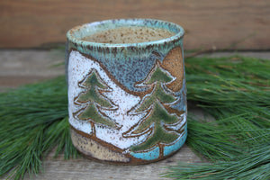 Snowy Cabin Forest Days Carved Mug, 17 oz