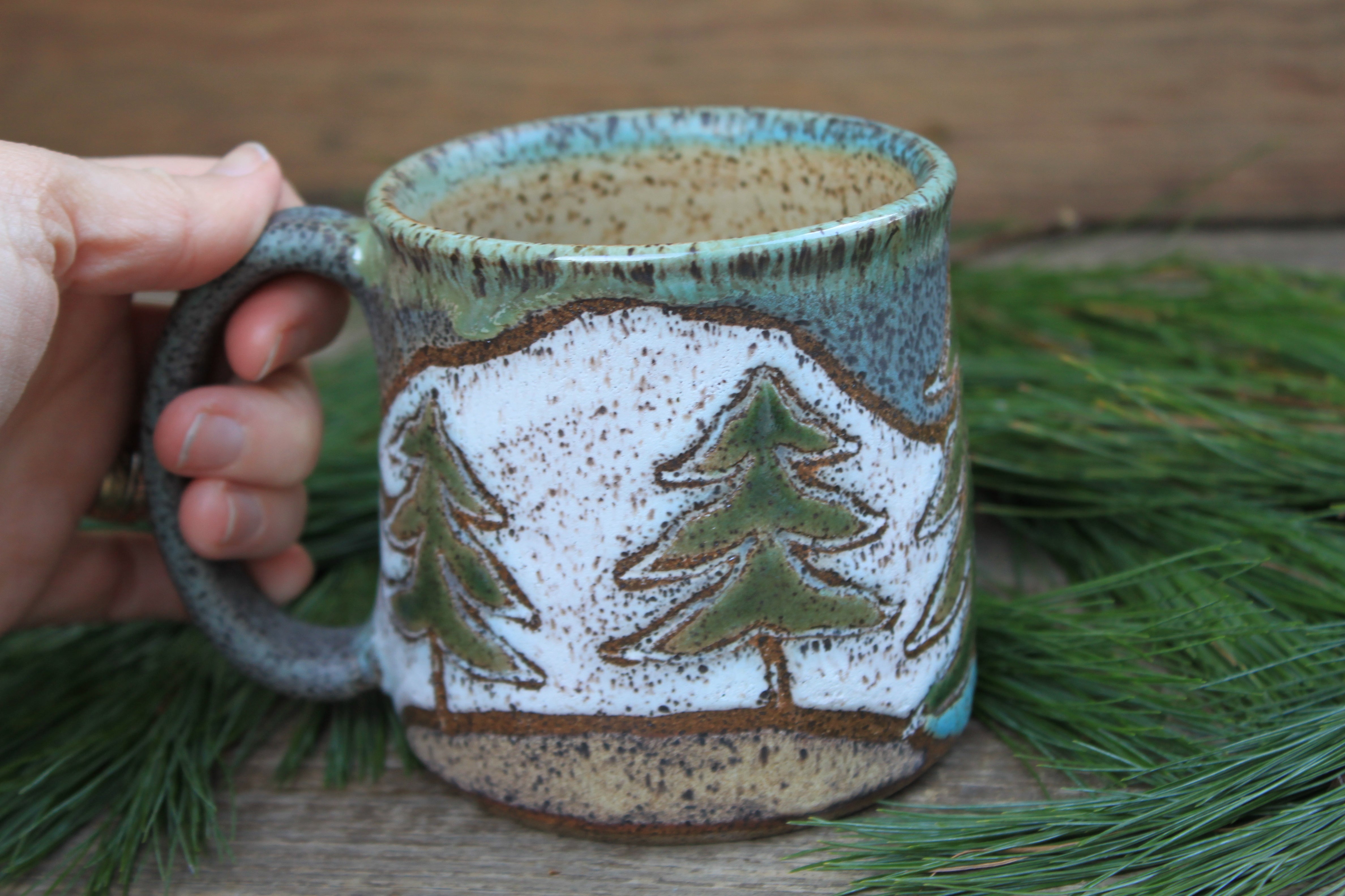 Snowy Cabin Forest Days Carved Mug, 17 oz