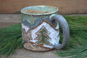 Snowy Cabin Forest Days Carved Mug, 17 oz