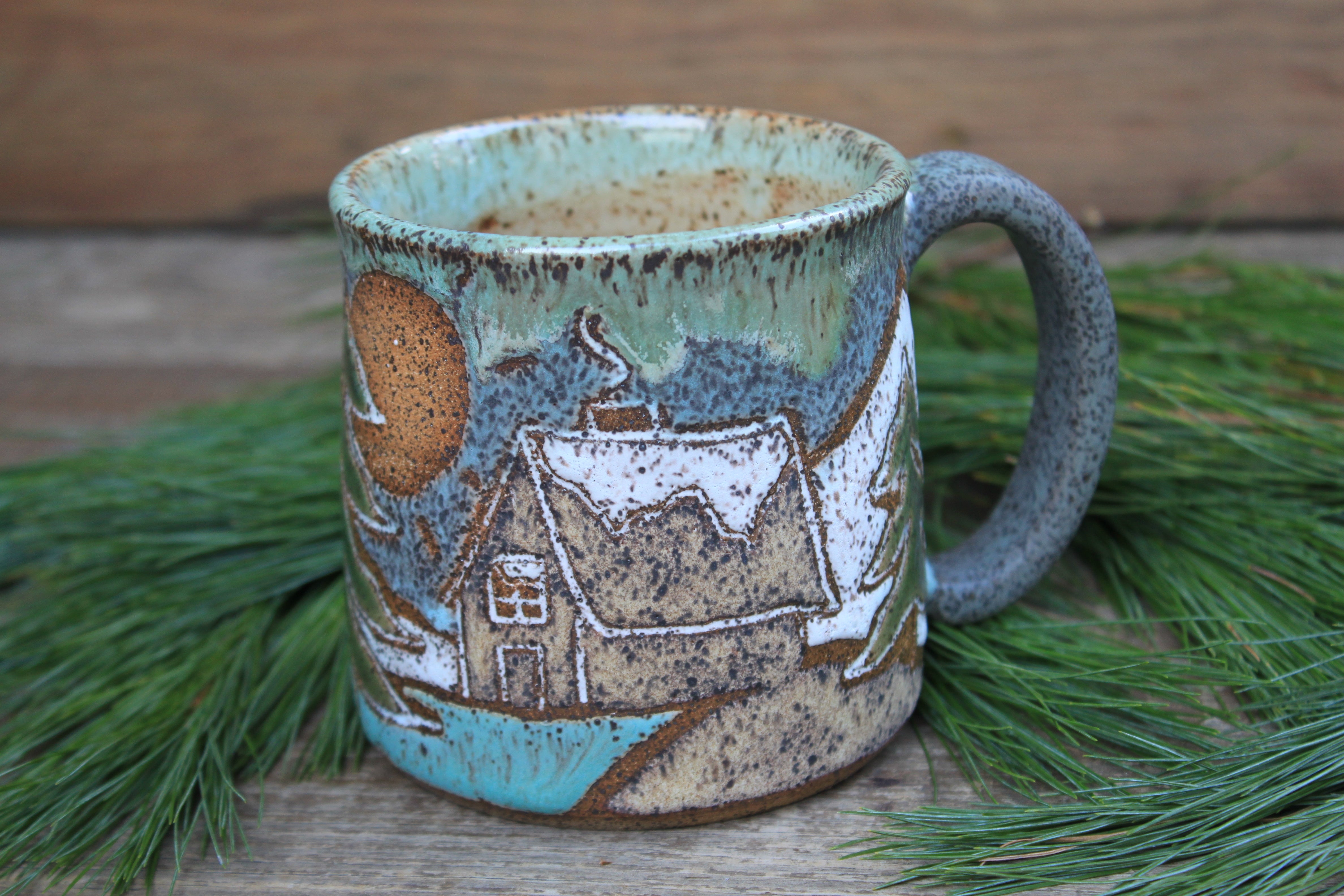 Snowy Cabin Forest Days Carved Mug, 17 oz