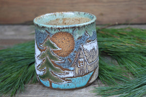 Snowy Cabin Forest Days Carved Mug, 17 oz