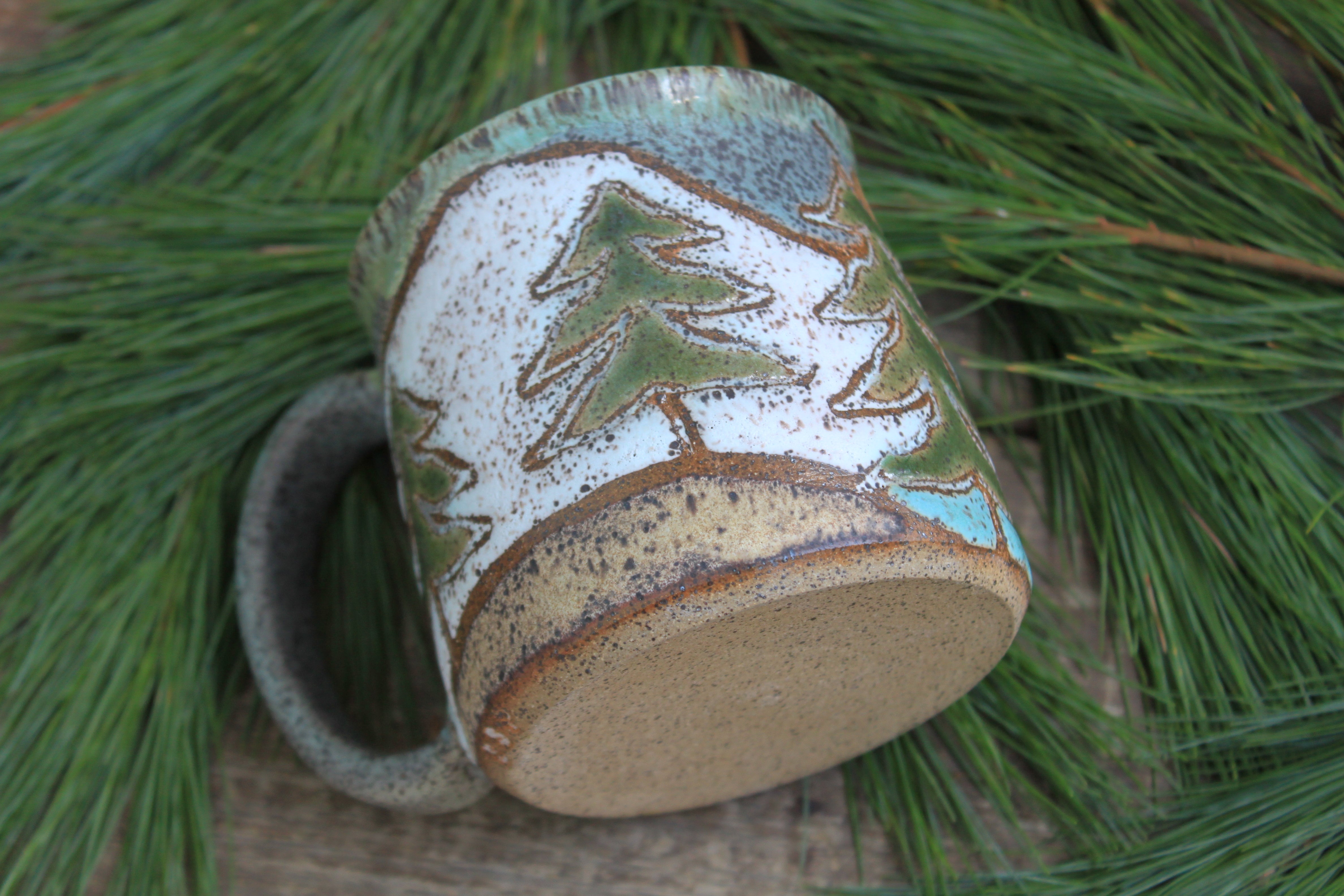 Snowy Cabin Forest Days Carved Mug, 17 oz