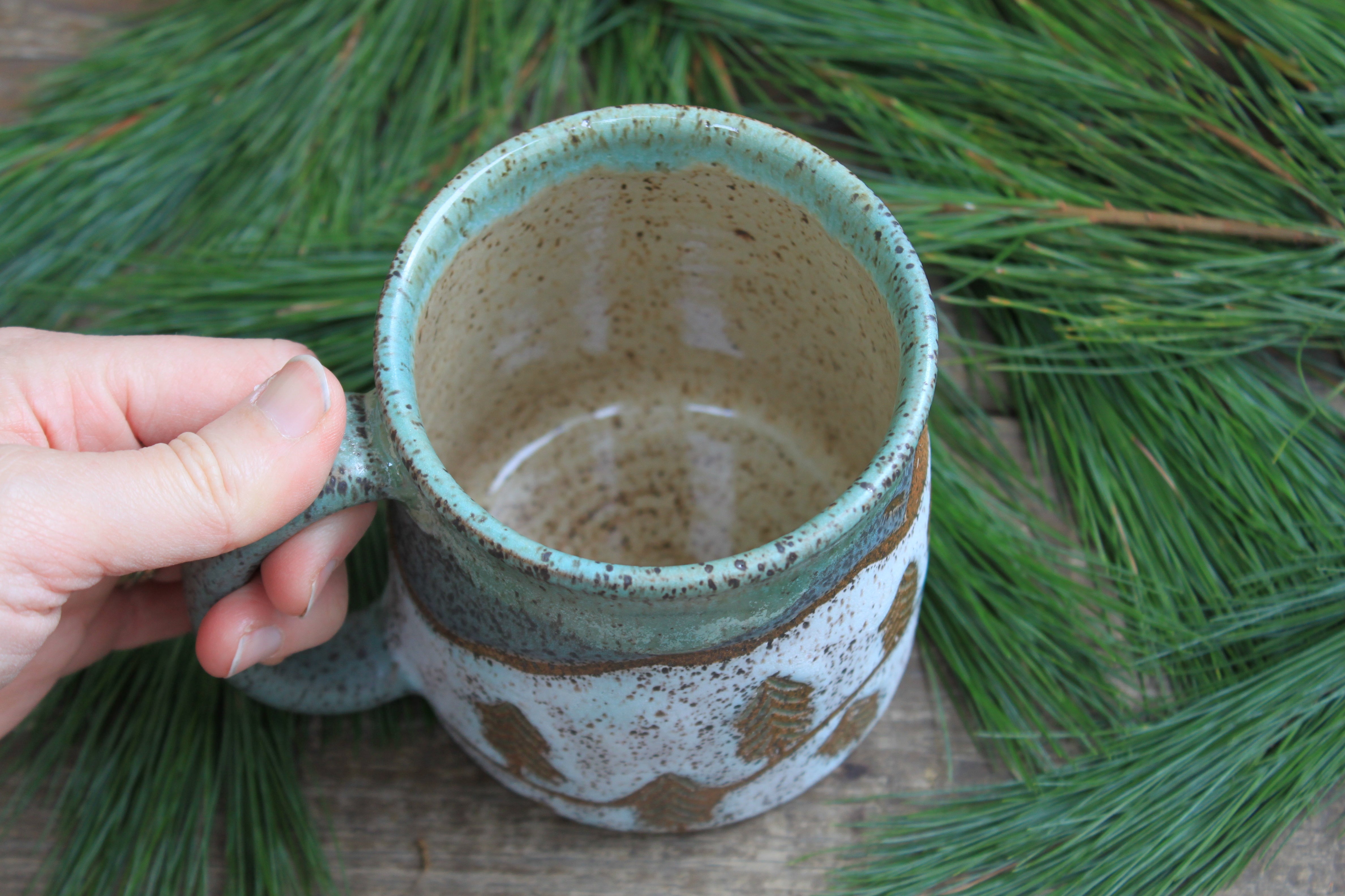 Snowy Cabin Forest and Glacial Lake Sunset Carved Mug, 19 oz