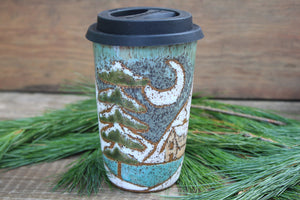 Snowy Cabin Forest Nights Carved Handled Travel Mug, 16 oz