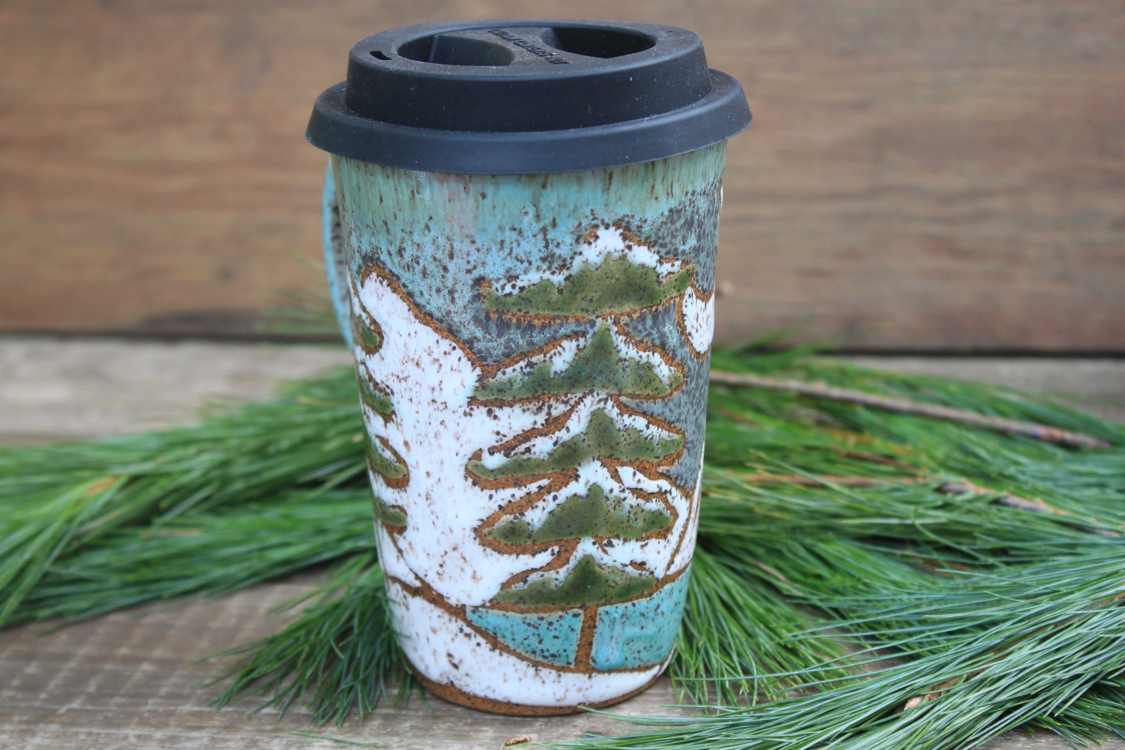 Snowy Cabin Forest Nights Carved Handled Travel Mug, 16 oz