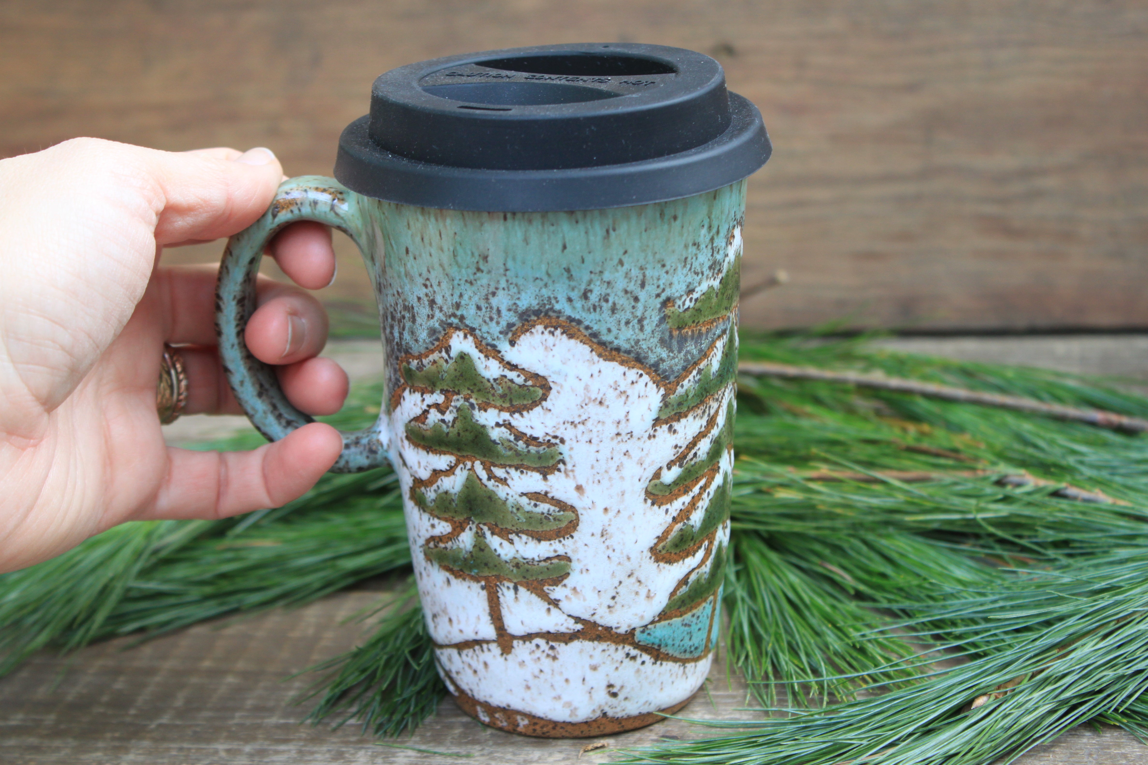 Snowy Cabin Forest Nights Carved Handled Travel Mug, 16 oz