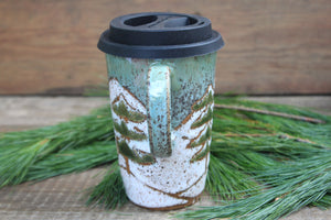 Snowy Cabin Forest Nights Carved Handled Travel Mug, 16 oz