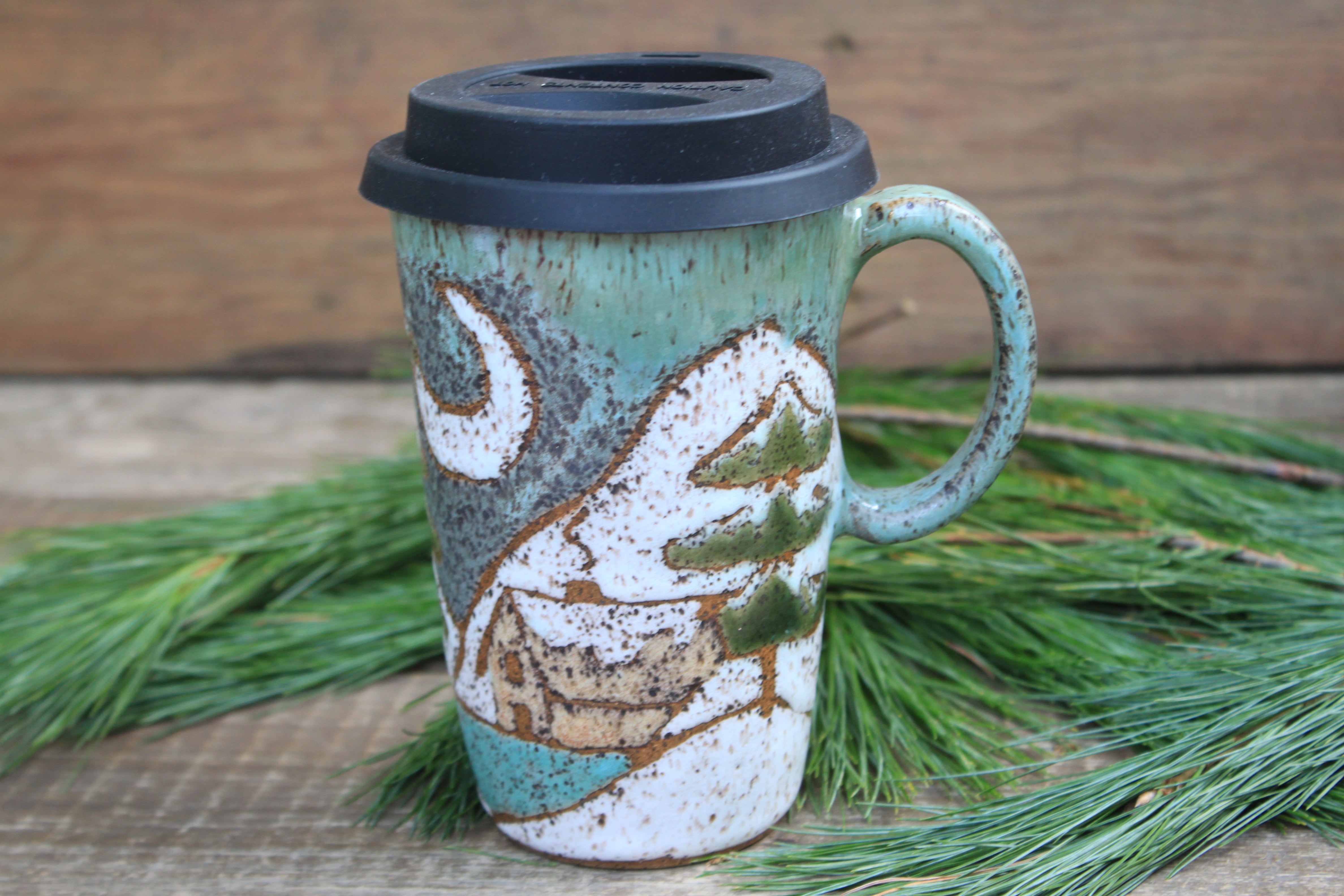 Snowy Cabin Forest Nights Carved Handled Travel Mug, 16 oz