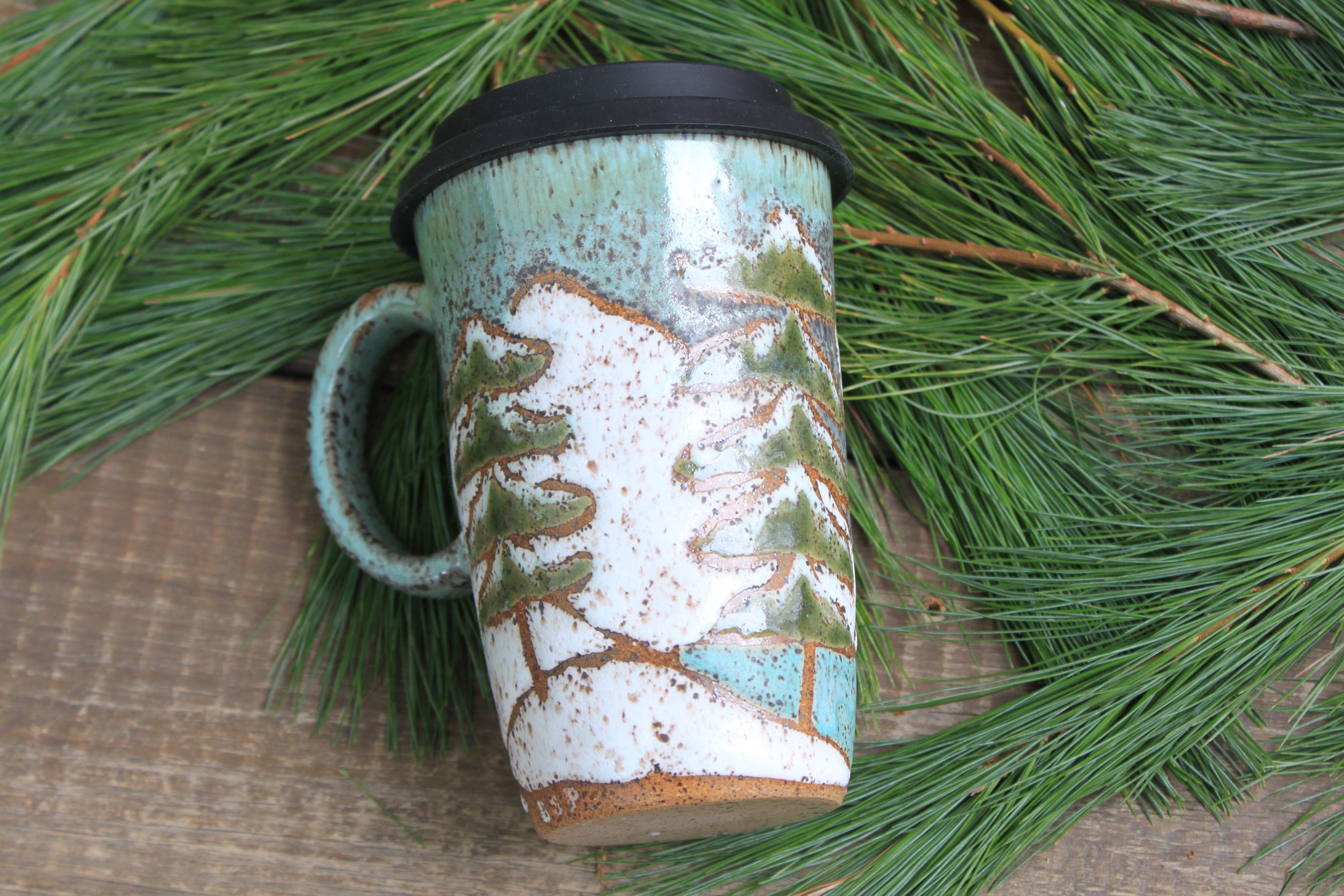 Snowy Cabin Forest Nights Carved Handled Travel Mug, 16 oz