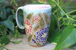 Load image into Gallery viewer, Delightful Dahlias Carved Handled Travel Mug, Crimson and Purple, 15 oz
