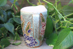 Load image into Gallery viewer, Delightful Dahlias Carved Handled Travel Mug, Crimson and Purple, 15 oz

