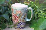 Load image into Gallery viewer, Delightful Dahlias Carved Handled Travel Mug, Crimson and Purple, 15 oz

