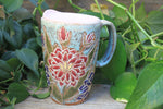 Load image into Gallery viewer, Delightful Dahlias Carved Handled Travel Mug, Crimson and Purple, 15 oz
