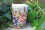 Load image into Gallery viewer, Delightful Dahlias Carved Handled Travel Mug, Crimson and Purple, 15 oz

