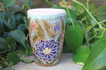 Load image into Gallery viewer, Delightful Dahlias Carved Handled Travel Mug, Crimson and Purple, 15 oz
