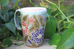 Load image into Gallery viewer, Delightful Dahlias Carved Handled Travel Mug, Crimson and Purple, 15 oz
