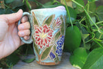 Load image into Gallery viewer, Delightful Dahlias Carved Handled Travel Mug, Crimson and Purple, 15 oz
