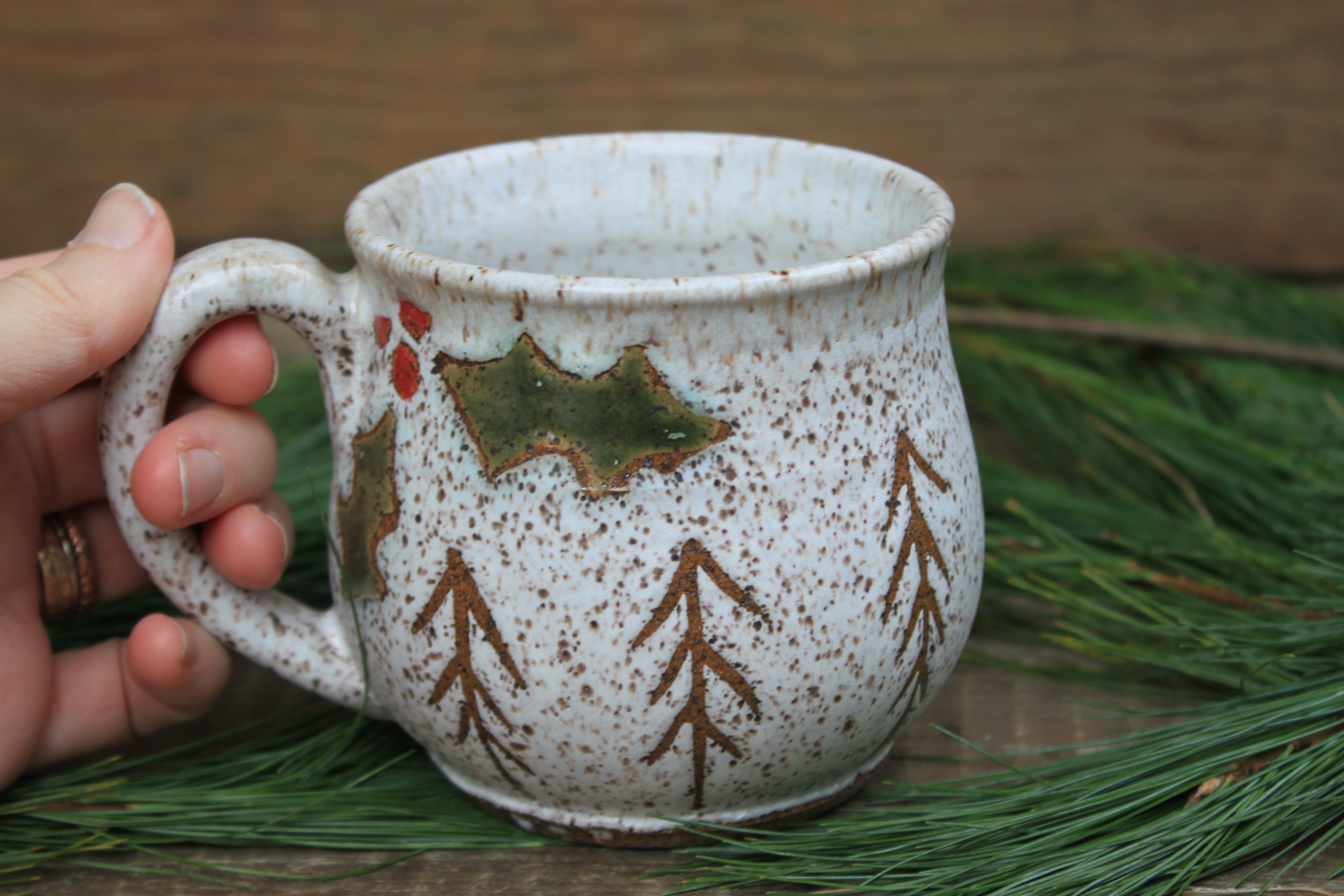 Festive Holly and Snowy Cabin Forest Mug, 17.5 oz