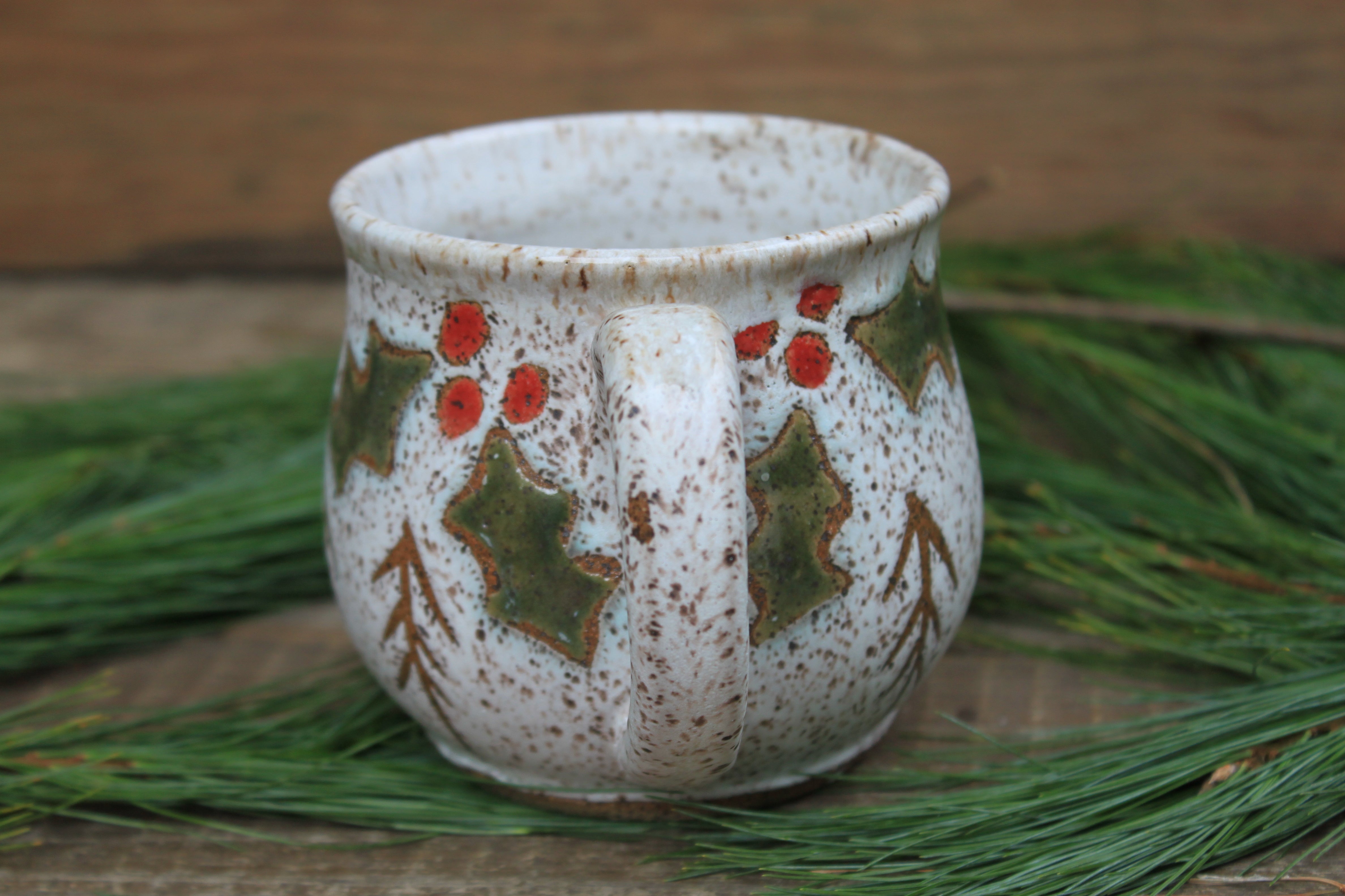 Festive Holly and Snowy Cabin Forest Mug, 17.5 oz