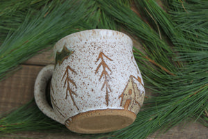 Festive Holly and Snowy Cabin Forest Mug, 17.5 oz