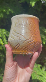 Load and play video in Gallery viewer, Wood Fired Distant Peaks and Partly Cloudy Days Carved Sipper, 12 oz
