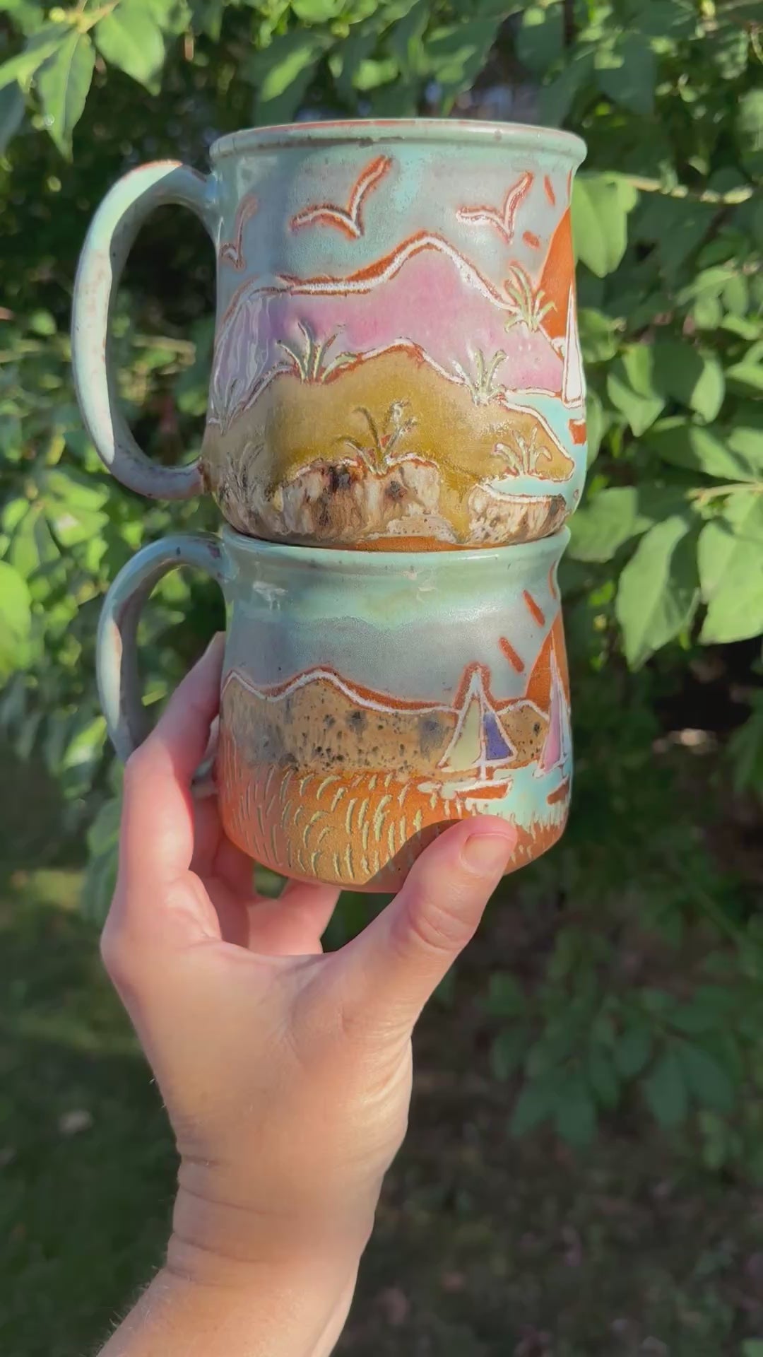 For Katerina - Beachy Sand Dune and Sailboat Sunset Horizon Carved Mug, 15 oz